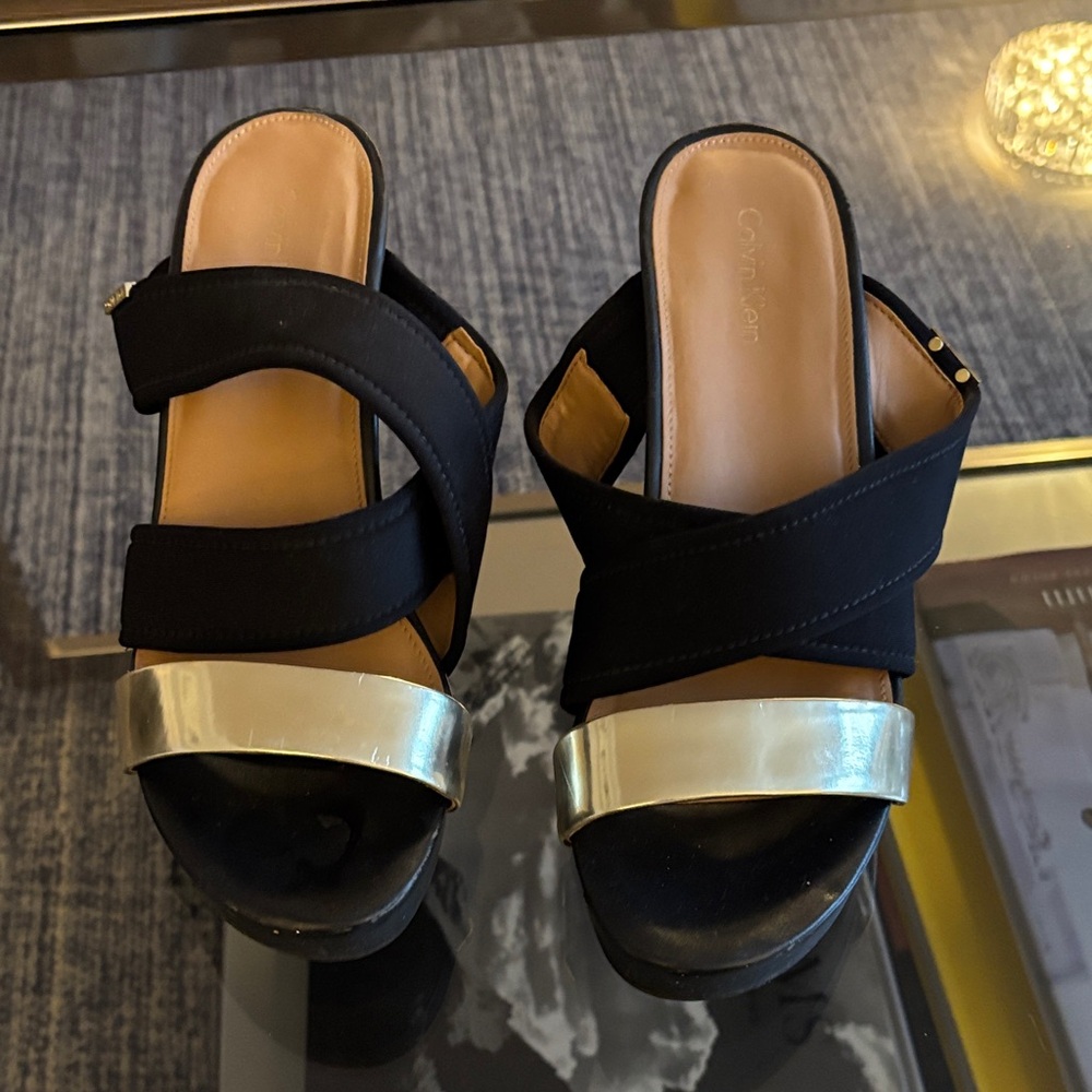 Calvin Klein Black and Silver Mules